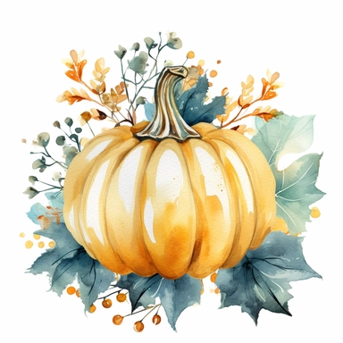Watercolor pastel boho fat pumpkin with gold ornate watercolor sitting on pumpkin leaves white background. clipart