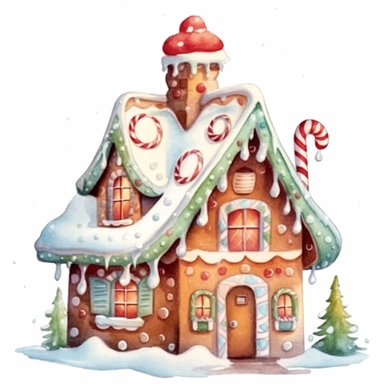 a watercolor gingerbread house, ExoticSerene color pallete, on a white background, gingerbread walls, gingerbread house, gingerbread models, gingerbread, watercolor pencil drawing style, on a white background, clipart, cartoonish style, full body, in the style