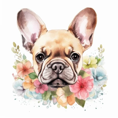watercolour beautiful neutral floral cute realistic French bulldog puppy with roses dahlias peonies beautifully detailed cute face perfect facial features and ears four perfect legs and paws beautiful cute realistic French bulldog puppy, png clipart, 300dpi, graphic clipart,computer graphics,high resolution print graphics