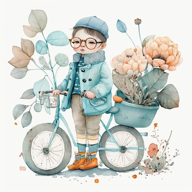 watercolor, very cute little child in a pastel blue coat with lots of pockets, vintage aviator glasses, baby orange trousers holding a little vintage toy, with a backpack, on a vintage bicycle, sorounded by big lotus flowers with long stem, clipart, white background