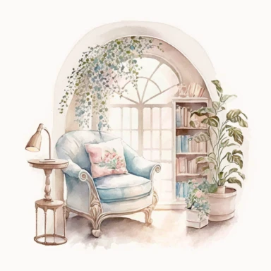 watercolor reading nook, soft colors romantic setting, academia clipart, solid white background, highly detailed, hd, 8k