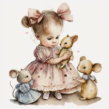 clipart watercolor realistic cute little mouse is playing with dolls and is dressed like a girl