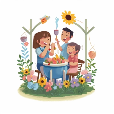 Capture a charming commercial moment with a beautifully detailed, ultra-realistic illustration of a lovable [happy family in his barbecue eating ] dancing people over a pot of nice flowers, backgroundof a nice and floral farm, creating an endearing scene ideal for nursery-style clipart and baby room décor. Isolated on a clean white background, this highly-detailed, award-winning artwork