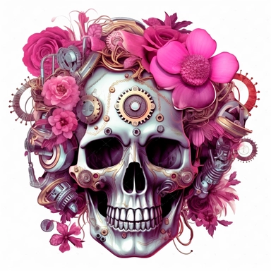Pink Steampunk Skull Flower Sublimation Girl Clipart, Cartoon, hyper realistic, intricate detail, illustration style, high solution, on the white background