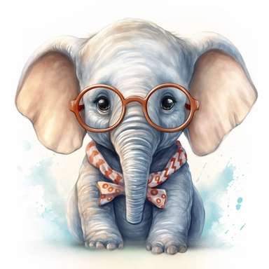 Create a watercolor illustration clipart of a playful cute Baby Elephant With glasses portrait, with its full body visible. Use soft, flowing brushstrokes and a warm, inviting color palette to create an image that is both charming and whimsical. Incorporate intricate details like the motion of Baby Elephant With glasses portrait to create a lifelike, realistic image. Can add other elements to the illustration like related item to play to create playful scene. Use white background to allow the wa