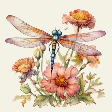 artwork in the style of cicely mary barker, clipart, whimsical watercolour illustration of a cute dragonfly and flowers, very colourful, watercolor clipart, book cover illustration, hyper HD, white background