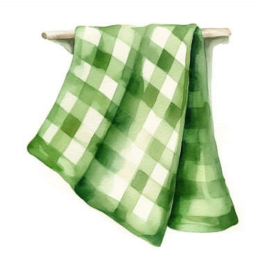 watercolor clipart of a pale green gingham tea towel, vintage homely vibes, isolated on white background