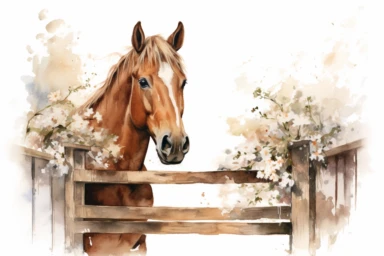 watercolor and ink style, brown horse in barn stall surrounded by spring flowers, clipart on plain white background, nature vibes, super high detail ultra precision 16k HD, clean crisp brushwork, painted by Beatrix Potter