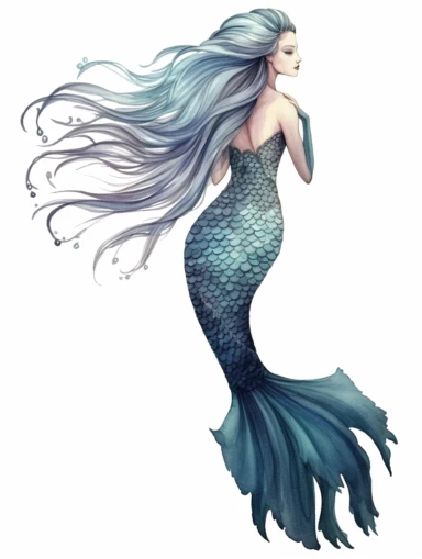 Brush pen and watercolor drawing of a Mermaid, isolated on white background, clipart, png