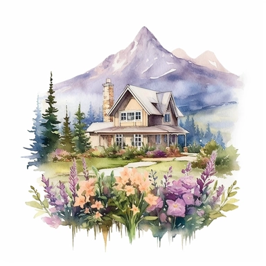 watercolor cottage house wildflowers clipart, far away mountains, subdued colors