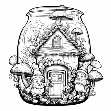 Coloring Page, In A jar Gnomes crafting intricate gnome-sized furniture and decorations for their homes, clipart black and white, no fill, only outline