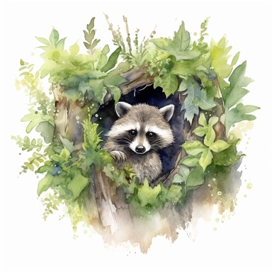 Design a clipart that showcases a raccoon engaging in a playful game of hide-and-seek amidst nature, watercolour style white background