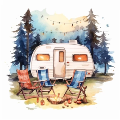 Camping style cute caravan in the campground at the night with watercolor effect, night landcsape, camping tools, camping chairs and table, caravan pengola, forest landscape, suitable for digital clipart, white background