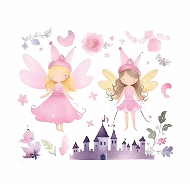Watercolor fairy and princess, clipart, isolated on white background