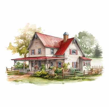 farm house photorealistic clipart,on white background with margins