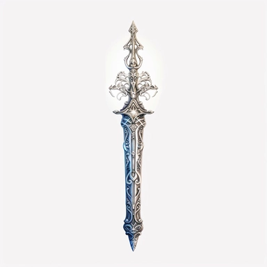 Create a mesmerizing clipart of a legendary sword against a pristine white background. The sword should be forged with exquisite craftsmanship, with an adorned hilt featuring intricate patterns and gemstones. Depict a radiant glow along the blade, hinting at its mythical powers.