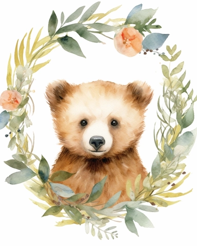 Watercolor clipart baby bear wearing a wreath on head and with leaves below