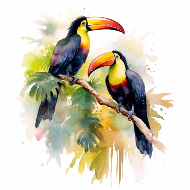 Two Toucans sitting proudly on a branch in the forest, looking off into the camera, with a few tropical plants and leaves framing the scene, vivid colors, watercolor by Thomas W. Schaller, clipart, solid background, no watermark, 8k