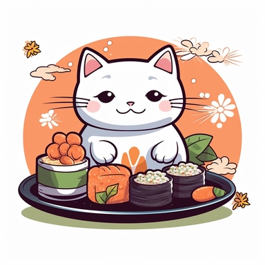 Clipart de gato a comer sushi em estilo kawaii, Sticker, Enthusiastic, Earthy, Kawaii, Contour, Vector, White Background, Detailed