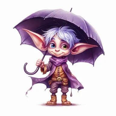 Cute Adorable magical little Elf with big pointed ears holds a umbrella in his hand wears a raincape and stand in the rain on a country road, clipart, photorealistic illustration, watercolor, high detail, 8k polished, 8k, vibrant colors, sticker, majestic, die cut, black and purple color, white background