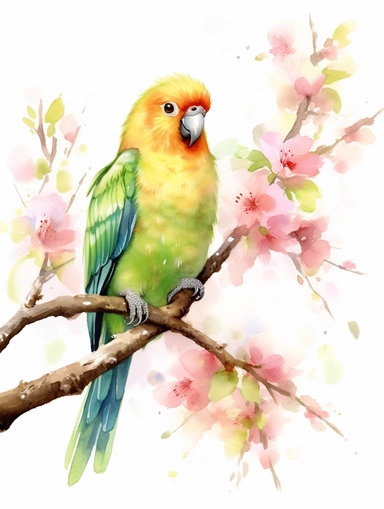 A cute happy parrot sitting proudly on a spring branch, baby, looking off into the camera, with a few spring blossoms and leaves framing the scene, vivid colors, watercolor by Thomas W. Shaller, clipart, solid background, no watermark, 8k, on white background