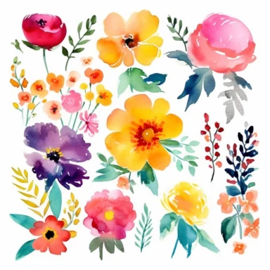 watercolor Floral Clip Art - Vibrant and Bold / Hand Painted / Bohemian / Summer - Offer a set of watercolor floral clip art in a bright and bold color scheme, with a focus on bohemian-style floral designs that would work well for summer-themed projects such as posters, flyers, or social media graphics., spring clipart, single design, 8k