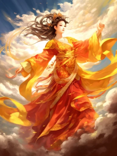 cloud riding chinese woman clipart, in the style of light crimson and yellow, dreamlike illustration, animecore, elaborate costumes, made of all of the above, light-filled, solarizing master