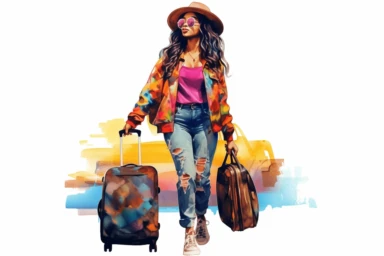 colorful beautiful black womam with long hair, pulling luggage through airport, watercolor clipart