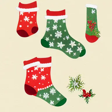 christmas socks, gradient background, in watercolor clipart style