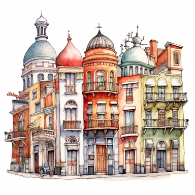 Very cute and Whimsical street of Buenos Aires, cute houses, beautiful, colorful, Alberto J. Armando Stadium (La Bombonera), Casa Rosada, and Recoleta Cemetery, Watercolored illustration in the style of Michael Powell, clipart, white background