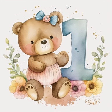 watercolor cute bears holding number 1 clipart
