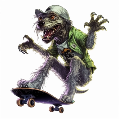 a sticker, artwork of t shirt graphic, a cool Zombie dog skateboarding by bernie wrightson, highly detailed clean, vector image, photorealistic masterpiece, professional photography, realistic, flat white background, isometric, vibrant vector, clipart, il