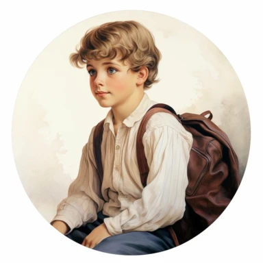 very beautiful boy with schoolbag, vintage, white background, round clipart with pastel color, detailed and lovely Renaissance painting