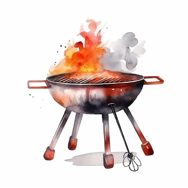 Watercolor A sizzling BBQ grill with smoke and flames clipart, Minimalist, isolated white background, 8k