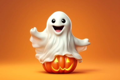 Cute ghost. Happy halloween ghosts characters, spooky expression creature. Funny scary magic demon with pumpkin, mystery creative nowaday vector clipart, realistic, full frame, very detailed