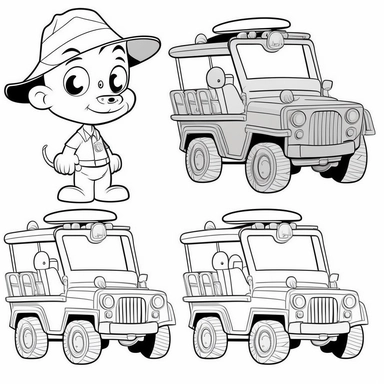 clipart set, safari jeep, in the style of paw patrol, black and white, low detail, thick lines, simple line, playful, coloring page, cartoon, isolated on white background
