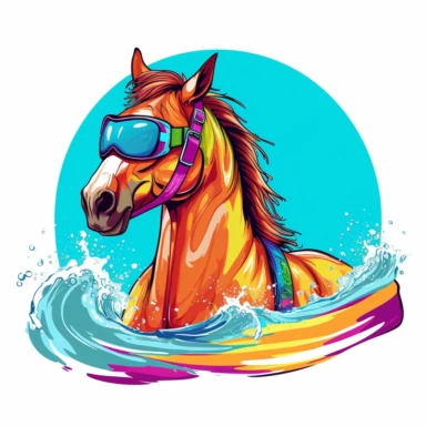 Colorful and vibrant colors to make clip art of a quirky horse on vacation with unique color combinations that stand out and evoke a sense of joy and cheerfulness with a white background