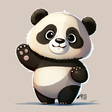 little panda character, drawn panda, panda clipart, standing straight and waving, front pose, dynamic front pose, children's book illustration style, simple, cute, young panda, happy, full colour, flat colour, no background,no titles