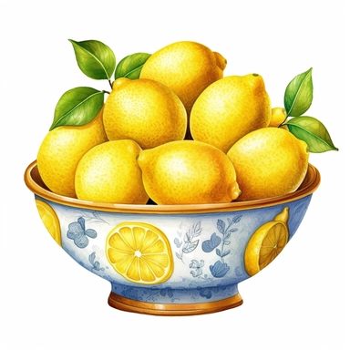 watercolor bowl of lemons clipart, vivid colors, hyper realism