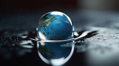 a close up of a water droplet with a globe in the background, (art station), clipart, dying earth, featured on shutterstock, aliased, flat matte art, by Tomek Setowski, water damage, connectedness, commercial banner, earth visible below, emotional release, 3dcg, 2019, clipart icon