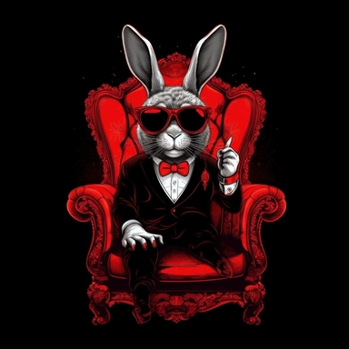 trippy bunny sitting chair smoking cigar wearing glasses clipart red eyes black background