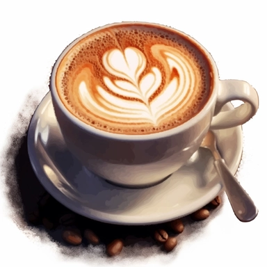 watercolor art of latte art in cup, in the style of realistic and hyper-detailed renderings, sketchfab, ahmed morsi, realistic watercolor paintings, use of common materials, handcrafted designs clipart tan and silver with background removed