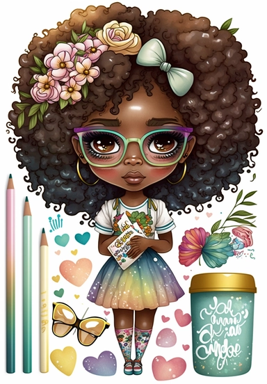 2d watercolor clipart kawaii, spring, april, character of beautiful african american woman, Intricately rendered dark Skinned woman, full body portrait, intricately rendered, 8k, shortthick curls brown hair, sparkles, generously detailed, hyper realistic, digital, long rainbow eye lashes, beautiful retro comic urban chick, smart, books, nerdy, glasses, 4k,