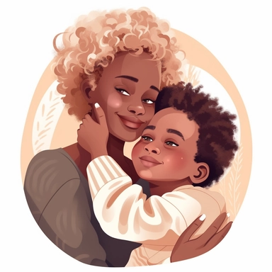 Cartoon clipart, caring mother and son, caring hugging. Black African-American mother with straight here, with an albino son with zero melanin in his skin, with blonde braided curly hair. hugging each other loving