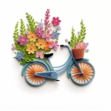 clip art, quilling art style, bicycle with flowers coming out of the basket, grass on the ground, high detail, white background fade to edges, sticker