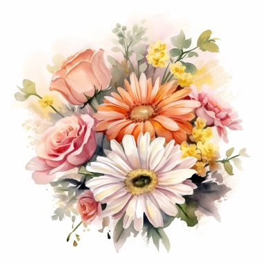 realistic watercolor arrangement of roses, daisies and gerberas, white background, soft lighting, clear outlines, clipart