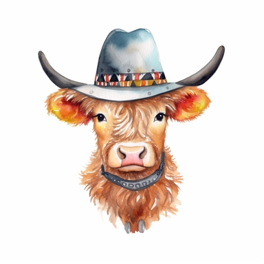 A watercolor Baby Highland Cow with a cowboy hat on its head, Watercolor, Clipart, sweet, cute, transparent background PNG