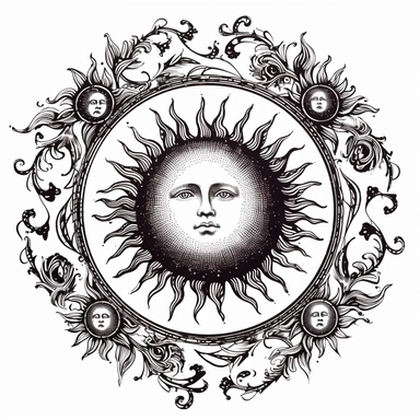 black and white circular clipart with starts and sun inside ring small diameter is 72.26 cm and outer diameter 141