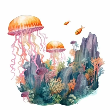 Jellyfish and marine life floating, fantastical marine setting, clipart, watercolor style, white background