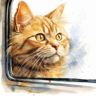 a funny cartoonish style cat sticking his head out the window, watercolor clipart